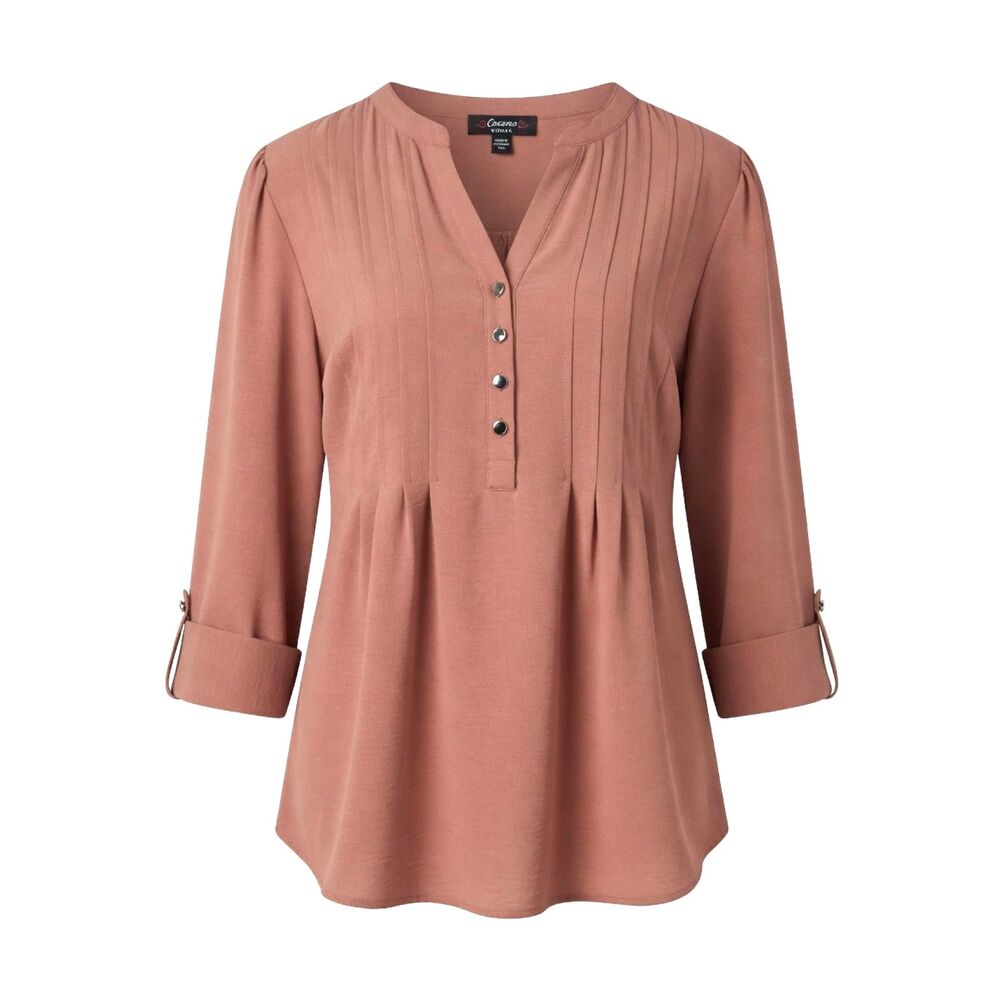 Cocomo Women's Plus Size 2X Pink Blush Pintuck 3/4 Sleeve Top